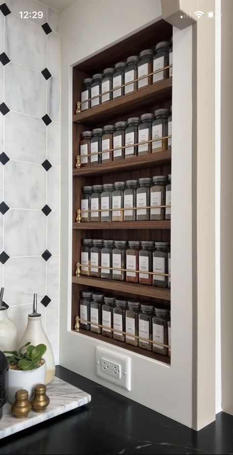 Barn House Kitchen, Wall Spice Rack, Spice Rack Organization, Pantry Layout, Spice Shelf, Kitchen Organization Pantry, Kitchen Organisation, Kitchen Interior Design Decor, Built In Furniture