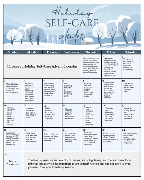 24-days of self-care. Advent Calendar Self Care, Self Care Calendar, Calendar December, Sunday Monday Tuesday, Mind Body Spirit, Mind Body, Advent Calendar, Self Care, Advent