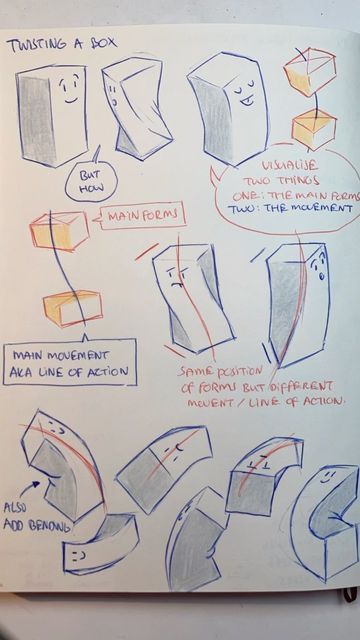 Twisting Forms Drawing, Drawing Boxes In Perspective, Drawing Perspective Tutorials, Boxes Perspective, Box Method Drawing, Basic Forms Drawing, Perspective Boxes, Box Perspective, Boxes Drawing