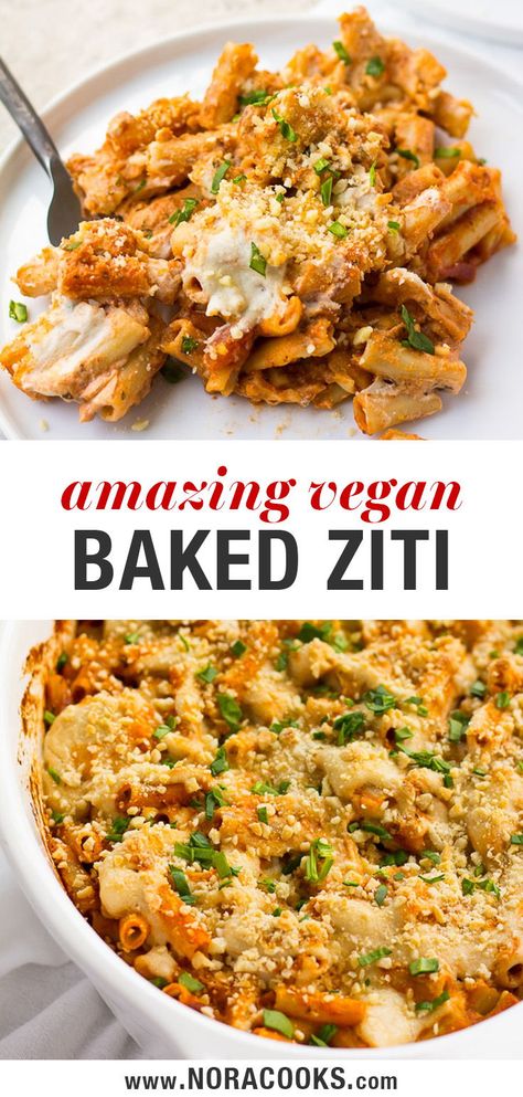 Vegan Veggie Bake Recipes, Vegan Ziti Bake, Vegan Baked Pasta Recipes, Vegan Mostaccioli, Vegan Ziti, Easy Vegan Casserole, Vegan Baked Ziti Recipe, Cashew Ricotta Cheese, Vegan Baked Ziti