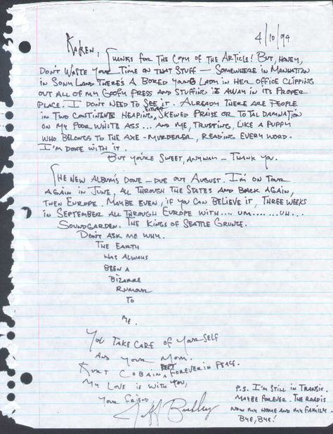 A letter from Jeff Buckley, April 1994. Jeff Buckley Lyrics, Sullen Girl, Cant Sleep At Night, Jeff Buckley, I Cant Sleep, Journal Entries, Eternal Life, I Feel Good, White Boys