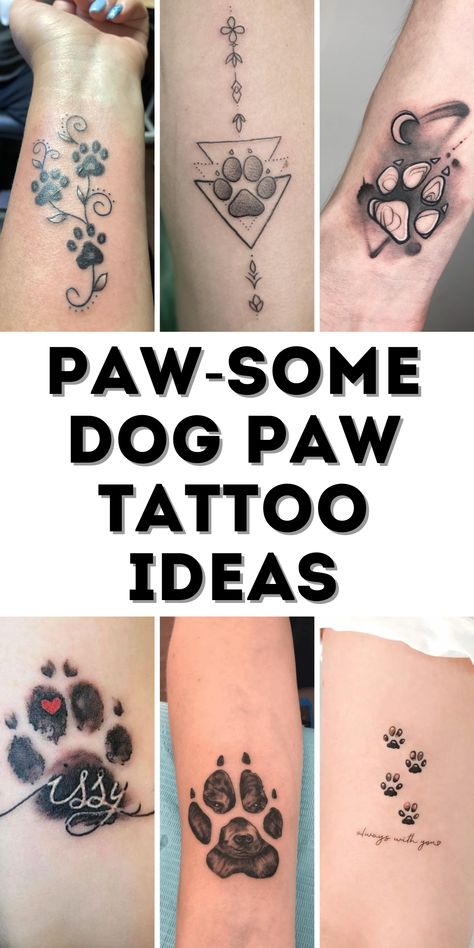 Explore meaningful dog paw tattoo ideas perfect for pet memorials, celebrating the bond between men, women, and their beloved dogs. Two Dog Paw Print Tattoo, Cat And Dog Tattoo Paw Prints, Animal Lovers Tattoos, Pet Paw Print Tattoo Ideas, Paw Prints Tatoos Ideas, Animal Tribute Tattoos, Cat Paw Print Tattoo With Flowers, Dog Print Tattoo Memorial, Dog Rememberance Tattoo