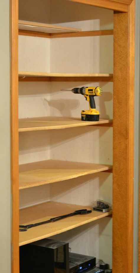 How To Turn A Plain Cabinet Into A Hyper-Organized Pantry - this is the before - check out the after. It wouldn't let me pin the after but looks great and functional. Would probably try for the pan shelving closer to the middle of the pantry Pantry Redo, Deep Closet, Kitchen Shelves Organization, Kitchen Cupboard Storage, Pantry Drawers, Pantry Makeover, Pantry Shelving, Diy Pantry, Kitchen Pantry Storage