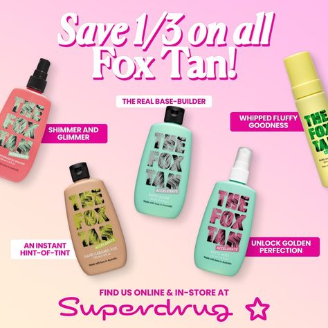 Hey UK babes!⁠ 🇬🇧⁠ ⁠ Ready to indulge in some of your beloved Fox Tan goodies? Whether you're all about that self-tanning life or prefer to soak up the sun naturally, Superdrug's got a deal you absolutely can't miss!! Get a whopping 1/3 off on all THE FOX TAN PRODUCTS!⁠ ⁠ Head over to your nearest Superdrug or hop online now to snag those savings! ⁠ ⁠ @superdrug⁠ ⁠ Please note: Our products do not contain SPF. Use with caution and ensure to apply your chosen SPF on top of your Fox Tan Acceler... The Fox Tan, Tan Products, Fox Tan, Soak Up The Sun, The Fox, Tanning, The Sun, Fox, How To Apply