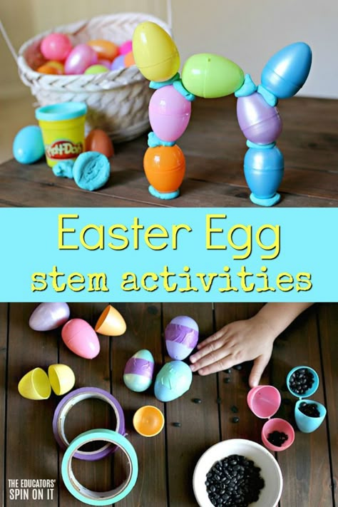 Easter Egg School Activities, Plastic Egg Stem Activities, Easter Egg Stem Activities, Easter Stem Activities For Preschool, Egg Stem Activities, Easter Stem Activities, Easter Learning Activities, Spring Stem Activities, Easter Homeschool