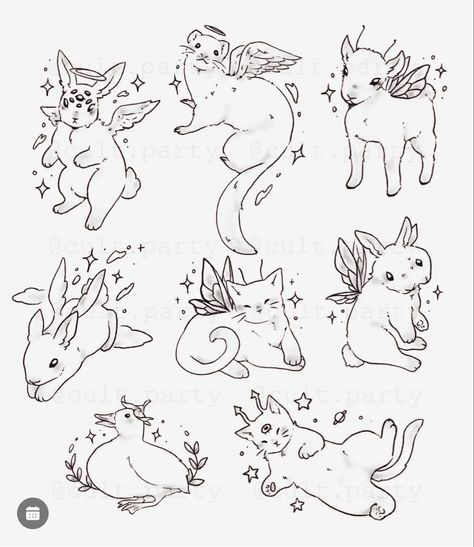 Fine Line Animal Drawing, Animal Fairy Tattoo, Cat Chasing Butterfly Tattoo, Bunny And Cat Tattoo, Fairy Bunny Tattoo, Fairy Animal Tattoo, Cat Tattoo Black And White, Cute Animals Tattoos, Cute Outlines