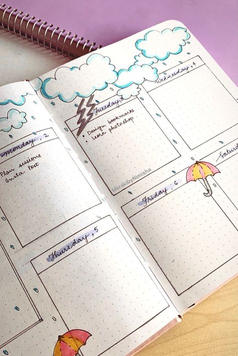 Weekly Spread for the month of August. Bullet Journaling for better planning. Monsoon Theme. Weekly Spread Bullet Journal, Journal August, Bullet Journal August, Bujo Weekly Spread, Planner Tracker, Month Of August, Journal Themes, Weekly Spread, Book Art Diy