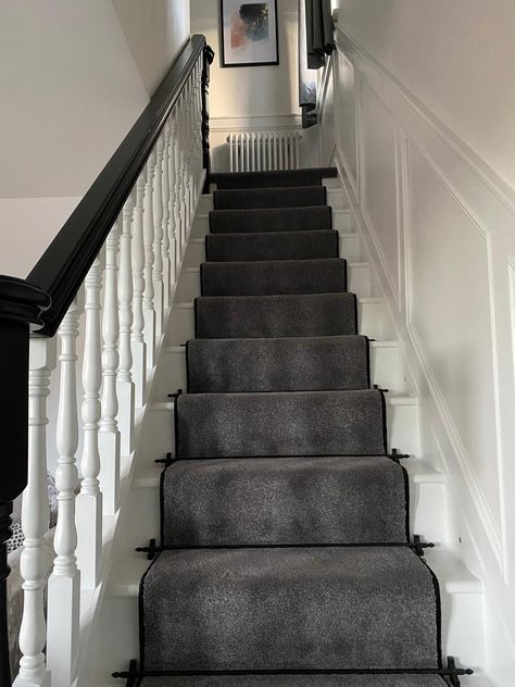 Grey Carpet On Stairs And Landing, Black Stairs Carpet, Dark Grey Carpet Stairs, Black And White Staircase, White House Rooms, Grey Painted Stairs, Small Hallway Decorating, Grey Carpet Hallway, Grey Stair Carpet