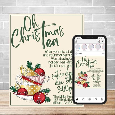 Christmas Tea Party Template - Editable in Canva - Party - Social Media Post - Instant Download - Computer, Print & Mobile Optimized DIGITAL FLYER AND INSTAGRAM TEMPLATE  - Canva editable templates - 1 Editable Flyer - 1 Editable Instagram template - Hi resolution - Editable Text This is an instant downloadable Canva Template (2) These template are 100% customizable in the FREE version of Canva.  Once your payment has completed, you will be notified via email and directed to the downloads page o Teas The Season, Christmas Tea Party Invitations, Charcuterie Christmas, Holly Holly, Tea Christmas, Christmas Tea Party, Meeting Ideas, Ladies Tea, Favorite Things Party