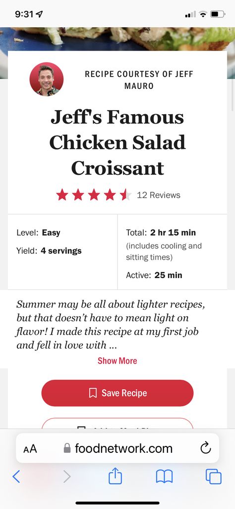 Jeff Mauro Chicken Salad Croissant, Chicken Salad Croissant, Jeff Mauro, First Job, Chicken Salad, Light Recipes, Save Food, Falling In Love, Sandwiches