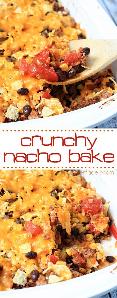 Crunchy Nacho Bake - the perfect weeknight dinner! If your family loves tacos and Mexican food, they will LOVE this casserole recipe! Nacho Bake, Recipes Nachos, Baked Nachos, Beef Food Recipes, Pasta Food Recipes, Pasta Food, Mexican Foods, Camping Food, Casserole Recipe