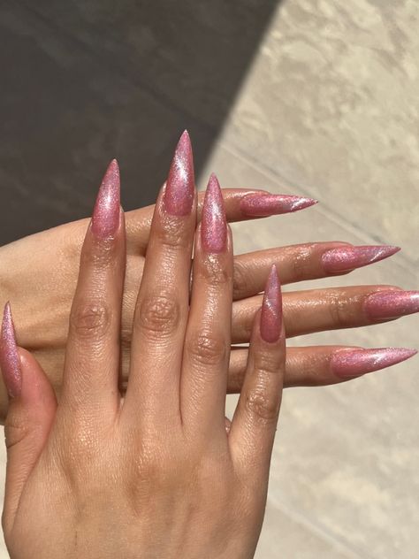 Pink Nails With Chrome Design, Pink Acrylic Nails Pointy, Short Pink Stilleto Nails, Pink Stelito Nails, Chrome Stilleto Nails Designs, Pink Nail Designs Y2k, Glitter Stilleto Acrylic Nails, Pink Reflective Nails, Creative Pink Nails