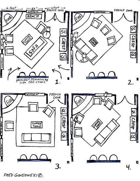 Corner Fireplace Layout, Fireplace Layout, Corner Fireplace Living Room, Open Basement, Arranging Furniture, Fireplaces Layout, Concept Furniture, Furniture Placement Living Room, Fireplace Furniture