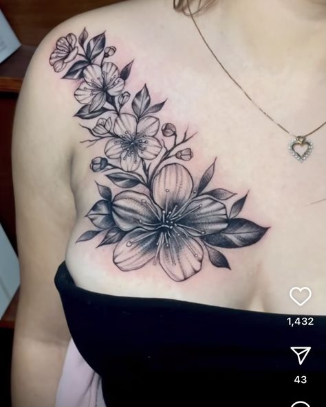 Shoulder Tattoo For Woman, Women’s Chest Tattoos Black, Orchid Chest Tattoo, Collar Bone And Shoulder Tattoo, Women’s Full Chest Tattoo, Pretty Chest Tattoo Female, Chest Flower Tattoo Female, Upper Breast Tattoo For Women, Tattoo Women Chest