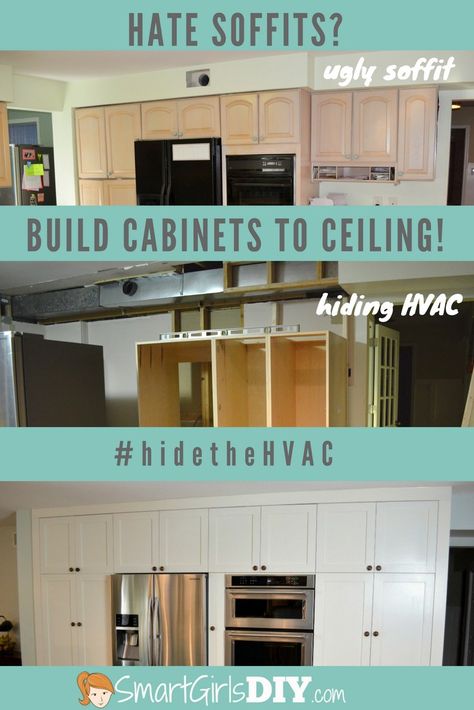 Want to install your kitchen cabinets all the way to the ceiling, but your soffit is hiding something? No worries, modify your cabinets to hide the HVAC! Hiding Kitchen Soffit, Kitchen Soffit, Cabinets To Ceiling, Update Kitchen Cabinets, Modern Contemporary Kitchen, Diy Kitchen Projects, Classy Kitchen, Above Kitchen Cabinets, Built In Cabinet