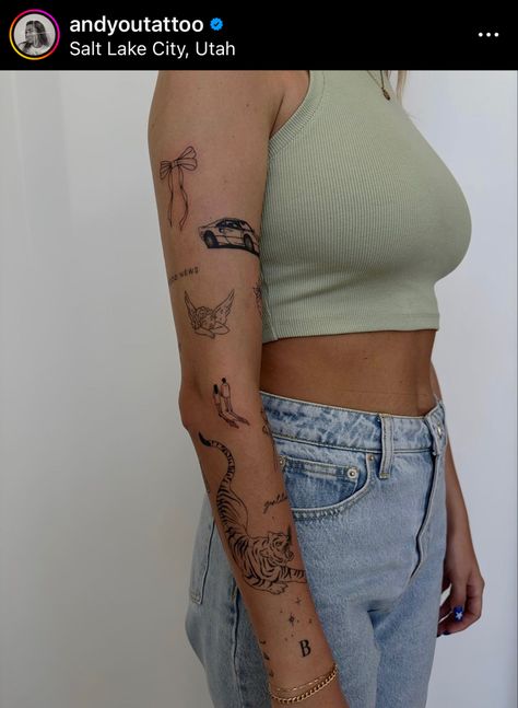 Arm Tattoos Patchwork Women, Girls Patchwork Tattoos, Sticker Sleeve Women, Scattered Sleeve Tattoo Women, Thigh Tattoos Women Patchwork, Scattered Arm Tattoos For Women, Tattoo Arm Placement For Women, It Girl Tattoo, Patchwork Sleeve Women