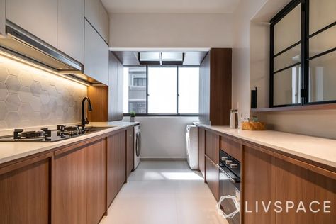 Modern, Clutter-free and Elegant: A 92 sqm Home That Will Surprise You Hdb Singapore, Parallel Kitchen Design, Compact Kitchen Design, Service Kitchen, Compact Kitchen, Simple Furniture, Indian Homes, Minimalist Interior Design, Kitchen Room Design