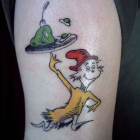 green eggs and ham Ham Tattoo, Dr Seuss Images, Inspired Tattoos, The Cat In The Hat, Blue Tattoo, Red Tattoos, Tattoo Bracelet, Green Eggs And Ham, Elephant Tattoos