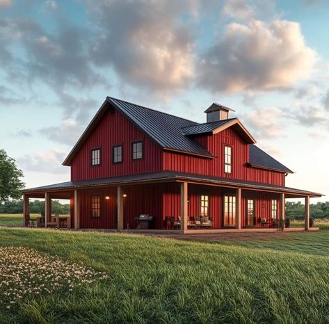 Red Barndominium, Buy Dirt, Pole House, Red Farmhouse, Holiday Ham, Dream Farm, Amazing Houses, Farm Houses, Wood Siding