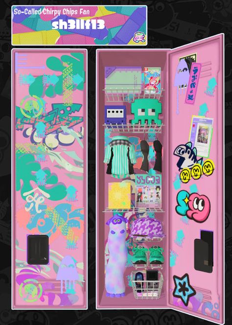 Splatoon Locker Ideas Pink, Splatoon Names Ideas, Splatoon 3 Locker Ideas, Splatoon Moodboard, Splatoon Locker Ideas, Chirpy Chips, Splatoon Locker, Locker Ideas, Random Games