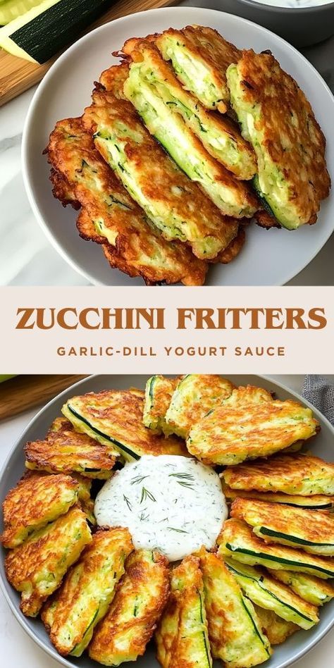 Zucchini Fritters with Garlic-Dill Yogurt Sauce Recipe Ingredients: For the Fritters: 2 zucchinis, grated Salt, to taste Black pepper, to taste 3 eggs 100 grams cheese, grated (cheddar, mozzarella, or your choice) 1 teaspoon Italian herbs #Zucchini #Fritters Meatless Zucchini Recipes, Zucchini With Cheese Recipes, Sauce For Zucchini Fritters, Zucchini Sauce Recipes, Healthy Fritter Recipes, Zucchini Fall Recipes, Fun Veggie Recipes, Zucchini Dishes Recipes, Italian Zucchini Recipes