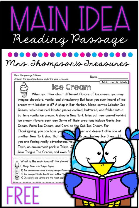 Ice Cream Reading Comprehension, Main Idea Worksheet 3rd Grade, Main Idea 2nd Grade, 3rd Grade Reading Comprehension Free, Finding Main Idea, Main Idea Third Grade, Reading Comprehension Passages Free, Nonfiction Main Idea, Main Idea Activities