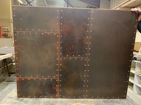 https://flic.kr/p/2en3GKd | Riveted Aged Copper Panel Metal Panel Wall, Patina Metal Steel, Patina Metal Steel Wall Art, Copper Sheeting Backsplash, Faux Copper Patina Wall, Art Deco Copper Patina, Metal Wall Panel, Home Wet Bar, Patina Metal