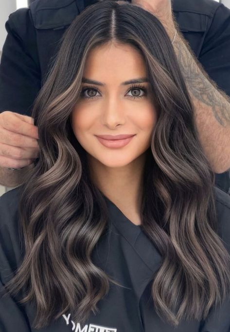 Dark Silver Balayage, Dark Roots Brunette Balayage, Dark Brown Money Piece On Black Hair, Deep Ashy Brown Hair, Medium Short Black Hair, Dark Ashy Brunette Hair, Dark Root Brown Hair, Ash Brown Hair Green Eyes, Brunette With Fair Skin