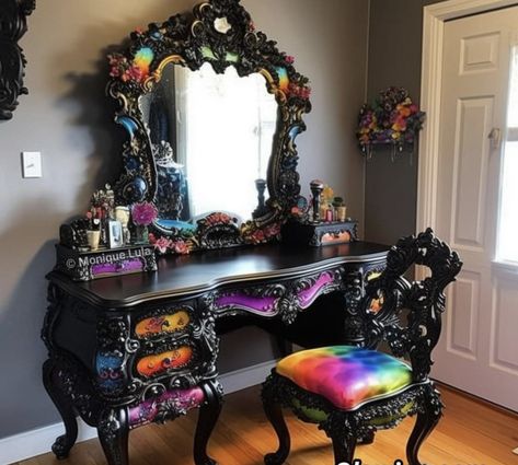 Witchy Furniture Makeover, Gothic Furniture Makeover, Cave Room Aesthetic, Witch Furniture, Gothic Rainbow, Whimsy Goth Bedroom, Room Bedroom Ideas, Goth Room, Monique Lula