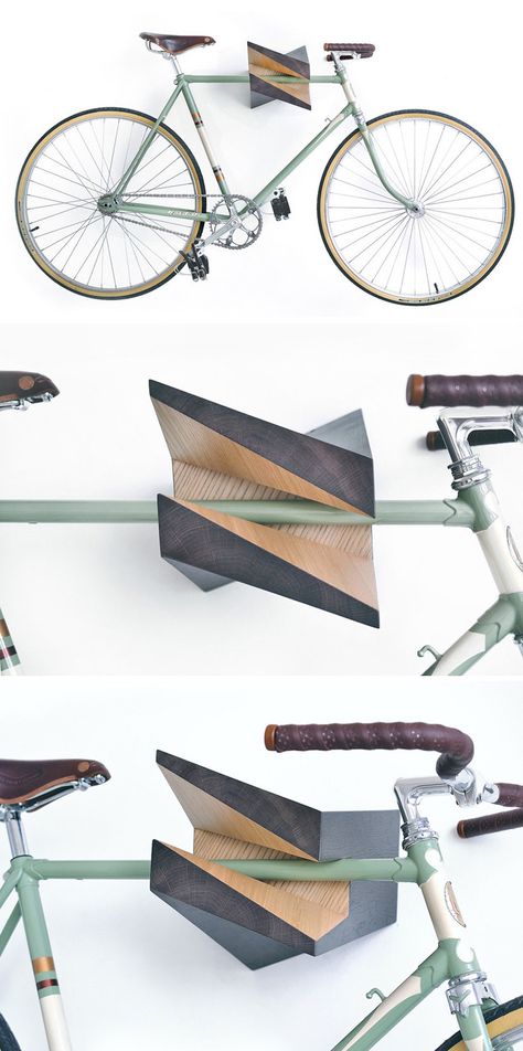 Reinis Salins Designs A Two-Tone Wood Bike Holder Bike Holder Wall, Wood Bike Rack, Bike Shelter, Bike Shelf, Bike Wall Mount, Bike Hanger, Wood Bike, Bike Holder, Wood And Concrete