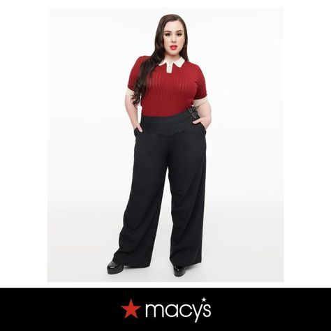 These gorgeous plus size high waisted trousers are crafted in a sturdy woven fabric. Featuring a wide leg silhouette and attached double belt embellishment.#SummerBusinessCasualOutfits #ComfyCasualOutfits #PlusSizeSummerFashion Corporate Goth Plus Size, Plus Size Professional, Summer Business Casual Outfits, Plus Size Summer Fashion, Double Belt, Comfy Casual Outfits, Dress Shirt And Tie, Size 16 Women, Vintage Plus Size