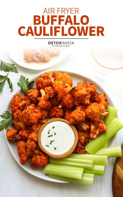 Air Fryer Buffalo Cauliflower is tossed in a sweet & spicy sauce that's hard to resist! It's the perfect crispy appetizer or game-day snack. Air Fryer Buffalo Cauliflower, Vegan Cauliflower Wings, Healthy Dinner Sides, Buffalo Cauliflower Recipes, Baked Buffalo Cauliflower, Vegan Buffalo Cauliflower, Cauliflower Buffalo Wings, Buffalo Cauliflower Bites, Vegan Party Food