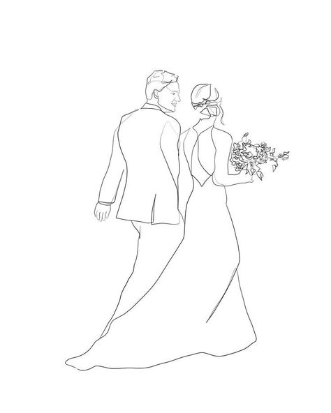 Bride Line Drawing, Wedding Line Drawing, Outline Drawing Couple, Gift Drawing Easy, Married Couple Drawing, Wedding Drawing Art, Wedding Art Drawing, One Line Drawing Wedding, Wedding Drawing Couple