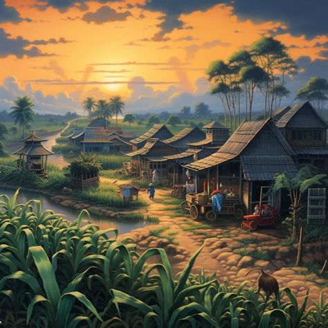 Nature_Village_scene Village Digital Art, Natural Village Pic, Indian Village Background, Village Painting Indian Landscape, Indian Village Aesthetic, Aphrodisiac Art, Village Scene Painting, Anime Village, Village Scenery Drawing