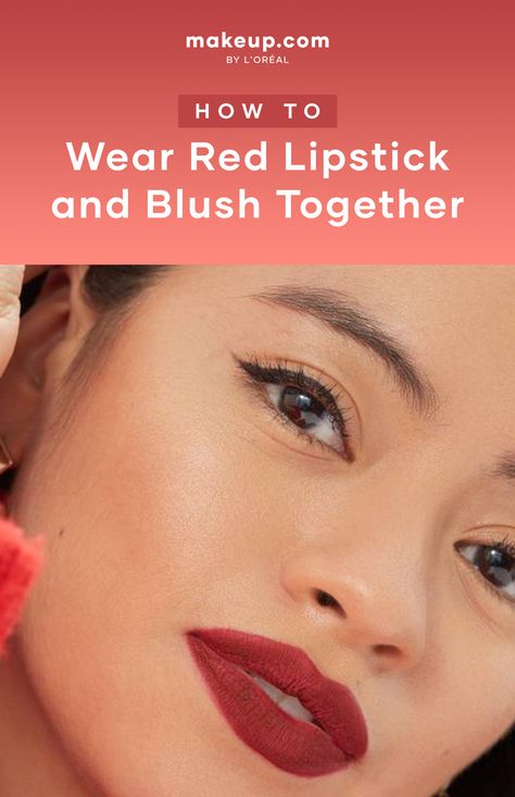 person with red lipstick, red blush, and a cat eye with the title "How to Wear Red Lipstick and Blush Together" Blush With Red Lipstick, What Color Blush With Red Lipstick, Blush And Lipstick Matching, Red Lipstick Makeup Fair Skin, Dark Red Blush, Red Lipstick Fair Skin, Pinkish Red Lipstick, Lipstick Shades For Fair Skin, Best Blush