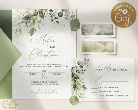 Moss Green Wedding, Boho Wedding Invitation Template, Green Wedding Invitations, Greenery Wedding Invitations, Wedding Invitations Boho, Eucalyptus Wedding, Reception Card, Wedding Invitations Diy, Printable Wedding Invitations