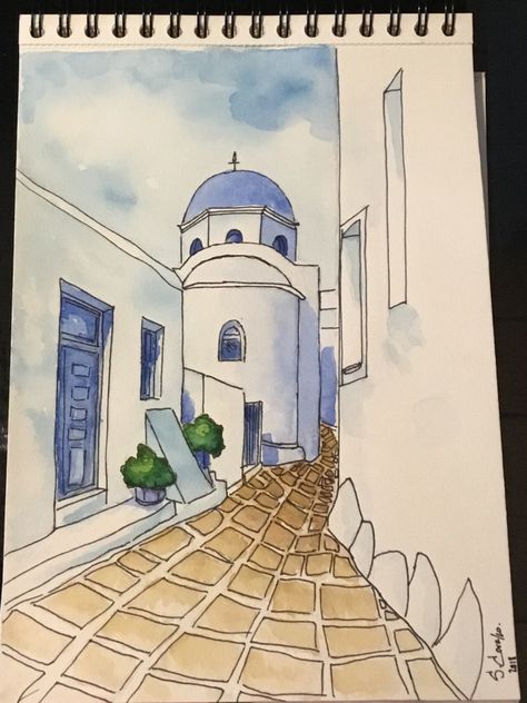 Santorini Sketch, Sketching Buildings, Greece Drawing, Greek Motifs, Greece Pics, Bujo Page Ideas, New Drawing Ideas, Greek Town, Greek Paintings