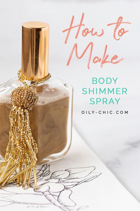 This DIY body shimmer recipe is easy and quick to apply with a fine mist spray bottle and there’s no greasy mess! Shimmer Mist Diy, Diy Body Shimmer Lotion, Diy Shimmer Lotion, Shimmer Spray Diy, Shimmer Body Oil Diy, Diy Shimmer Body Oil Recipe, Shimmer Oil Diy, Shimmer Body Oil Recipe, Diy Body Shimmer Spray