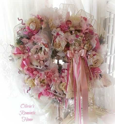 Princess Victorian Doll Tea Time Belle Wreath Marie Antoinette Wedding, Pink Victorian Christmas, Doll Tea Party, Victorian Wreath, Romantic Princess, Shabby Chic Wreath, Rosé Christmas, Pink Victorian, Valentines Inspiration