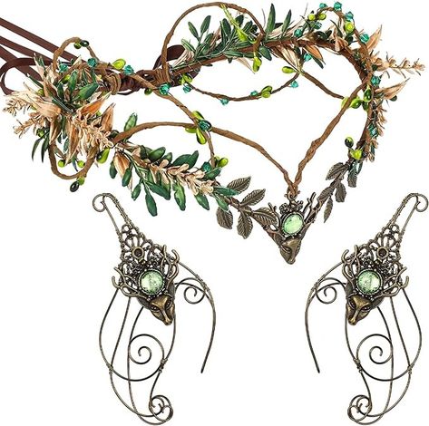 Amazon.com: MOSTORY Medieval Fairy Accessories Set - Renaissance Woodland Crown and Elf Ears Cuffs Set Flower Crown and Cuff Earrings for Women Renfaire Outfit Halloween Cosplay Fantasy Costume : Clothing, Shoes & Jewelry Fantasy Elf Outfit, Renfaire Outfit, Medieval Fairy, Elf Aesthetic, Witchy Aesthetics, Fairy Core Aesthetic, Elf Crown, Woodland Crown, Medieval Party