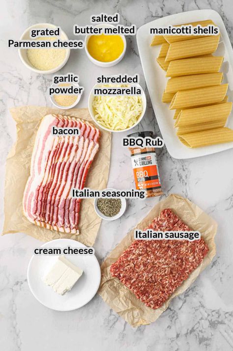 Smoked Stuffed Manicotti, Smoked Manicotti, Bacon Wrapped Manicotti, Cream Cheese And Bacon Stuffed Doritos Chicken Recipe, Baked Shotgun Shells Recipe, Oven Baked Shotgun Shells, Stuffed Pasta Manicotti, Stuffed Shotgun Shells, Manicotti Stuffed Shells