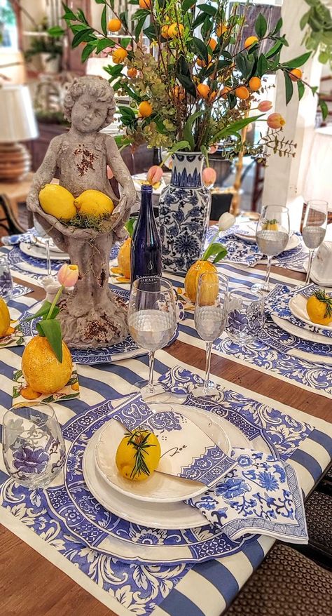 Sicily Table Setting, Italy Table Decor, Blue And Lemon Table Setting, Blue White And Yellow Table Setting, Blue And White Lemon Decor, Blue White Lemon Tablescape, Blue Brunch Decor, Mother’s Day Table, Blue And Yellow Table Setting