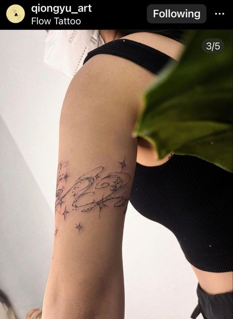 Cloud Wrap Around Tattoo, Space Wrap Around Tattoo, Space Dust Tattoo, Celestial Line Tattoo, Champagne Supernova Tattoo, Fairy Tattoo Arm, Underboob Tattoos For Women Unique, Around The Arm Tattoo, Whimsical Tattoos For Women