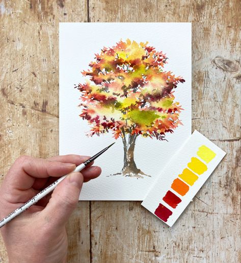 Watercolor Autumn Trees, Autumn Watercolor Tutorial, Watercolor Fall Trees, Watercolour Trees Tutorials, Watercolour Tree, Watercolour Trees, Fall Tree Watercolor Painting, Autumn Watercolor Paintings, Fall Watercolor Paintings Easy