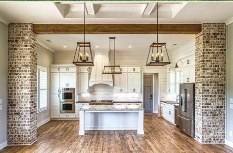 Beam Separating Kitchen And Living Room, Bayou Cottage, Ceiling With Beams, Fireplace French, Whitewashed Brick, Brick Shelves, Charleston House, Furniture Make, Almirah Designs