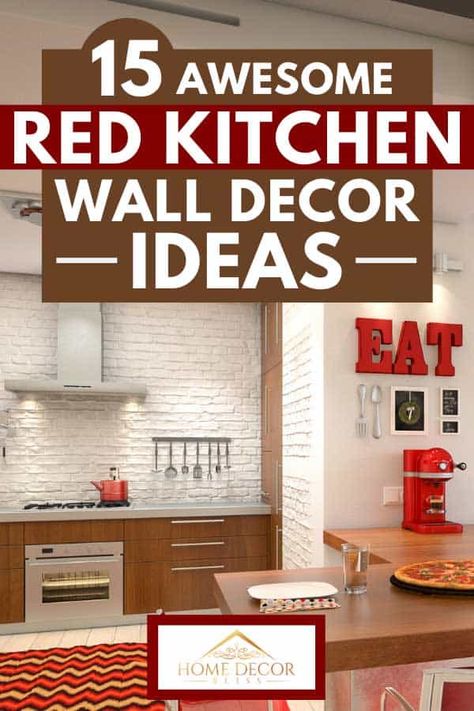 15 Awesome Red Kitchen Wall Decor Ideas. Article by HomeDecorBliss.com #HomeDecorBliss #HDB #home #decor Red Kitchen Decor Ideas Interior Design, Red Accent Kitchen Decorating Ideas, Red And Gray Kitchen Decor Ideas, Red Themed Kitchen Ideas, Red And Gold Kitchen Decor Ideas, Red Kitchen Accessories Color Schemes, Themes For Kitchen Decor Ideas, Gray And Red Kitchen Ideas, Red Wall Kitchen Ideas