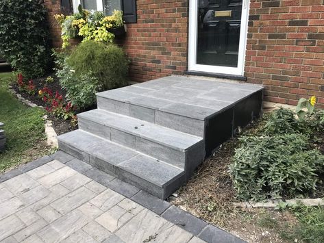 Front Steps Ideas Concrete Entrance, Pavers On Top Of Concrete Patio, Concrete Overlay Patio, Pavers Over Concrete, Concrete Front Steps, Slate Pavers, Cement Steps, Paver Installation, Concrete Front Porch