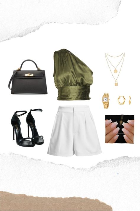 Green top
White shorts
Black accessories
Gold jewelry Hot Weather Clothes, Green Top Outfit, White Shorts Outfit, Business Clothing, Weather Clothes, Abs Women, Outfit Party, Accessories Gold, Shorts Outfit