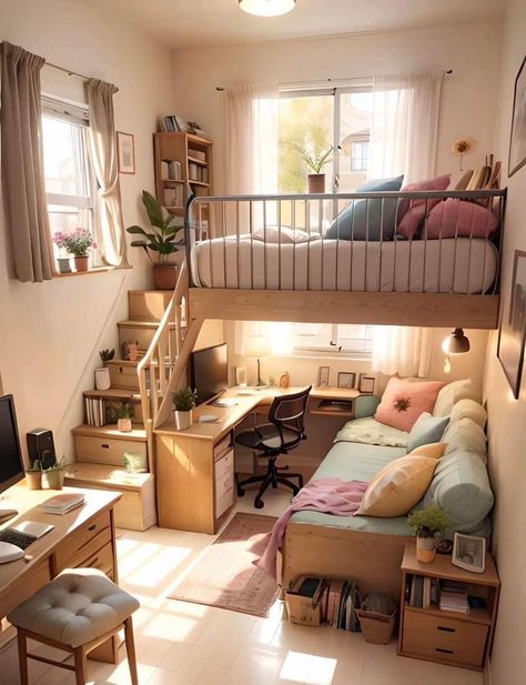 Two Floors Bedroom, 2nd Floor Bedroom Ideas, Bedroom With Second Floor, Room With Upstairs Bed, Two Storey Bedroom, Cute Loft Bedroom, Small Loft Office Ideas Upstairs, Rooms With Stairs, Bedroom With Stairs