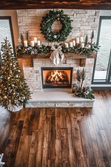 Transform your home into a winter retreat with elegant fireplace décor and a beautifully decorated Christmas tree. Highlighting warm wooden floors and festive greenery, this setup enhances any living space. Perfect for those cold winter nights. #winterhomedecor #holidayseason #cozyhome Cozy Holiday Living Room, Christmas Stone Fireplace Decor, Red Brick Fireplace Christmas Decor, Decorated Fireplaces, Winter Living Room Ideas, Christmas Brick Fireplace, Fireplace Decor With Tv, Rustic Fireplace Decor, Stone Fireplace Decor